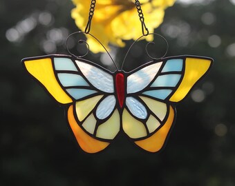 Stained Glass Pretty Butterfly Window Hanging Suncatcher, Colorful Butterfly Wall Hanging Stained Glass Panel. Custom Halloween Gift Decor