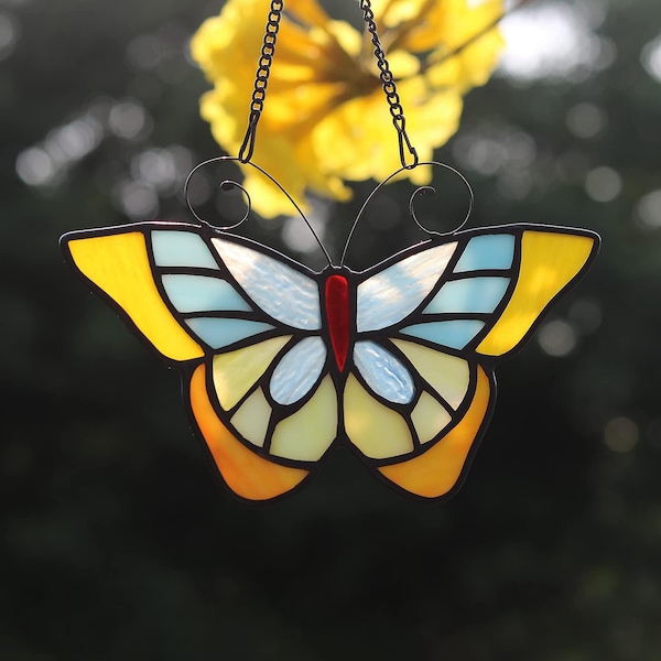 Stained Glass Pretty Butterfly Window Hanging Suncatcher, Colorful Butterfly Wall Hanging Stained Glass Panel. Custom Halloween Gift Decor