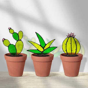 3 Stained Glass Cactus Suncatchers With Stake / Set of 3 Plant Light Catcher Cactus Set / Modern Stained Glass House Decor / stained glass