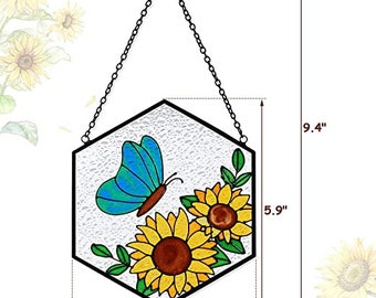 Glasmalerei Sonnenblume Mit Schmetterling – Sonnenfänger Zum Aufhängen An Fenster Oder Garten