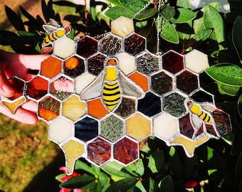 Bee & Honeycomb Stained Glass Suncatcher Window Hangings, Glass Garden Decor, Colorful Light Catcher, Gift for Her, Handmade Stain Glass Art
