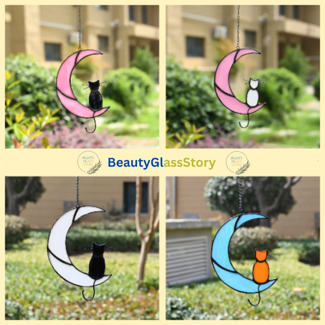 Stained Glass Cat on a Moon Suncatcher Window Hanging Art W/ Star ...