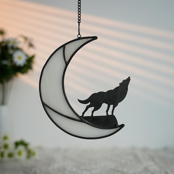 Stained Glass Wolf on a Moon Halloween Window Hanging Suncatcher, Indoor Halloween Wall Hanging Decor, Spooky Halloween Gift. Dog Suncatcher
