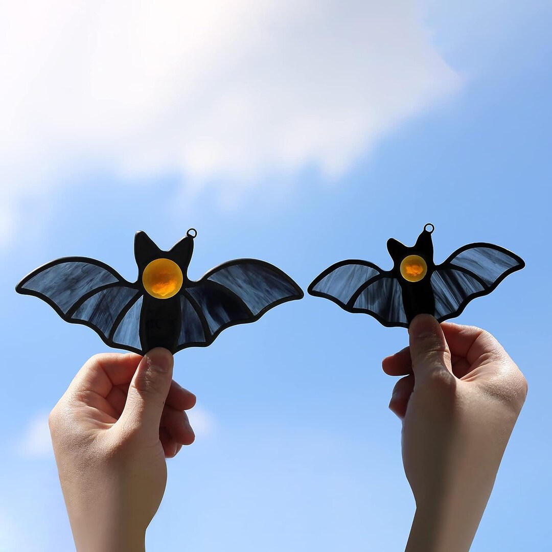 2 Halloween Bats Stained Glass Window Hanging Suncatcher, Custom Scary ...