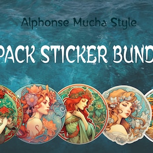5 beautiful Alphonse Mucha style instantly downloadable digital stickers