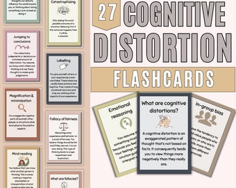 Cognitive Distortion Flashcards, CBT, Therapy Tool, Coping Skills Cards, Psychology Office, DBT Cards, Unhelpful Thinking Patterns, Anxiety,