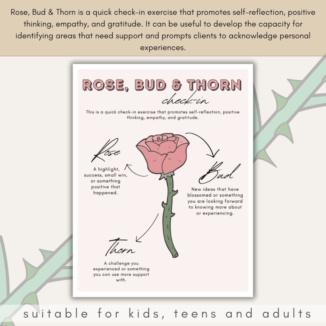 Rose, Bud and Thorn Checkin Method Tool, Psychologist Resource