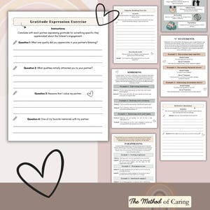 May include: A printable gratitude expression exercise worksheet with four questions to help couples express appreciation for each other. The worksheet includes instructions and examples of communication techniques like mirroring, paraphrasing, and "I" statements.