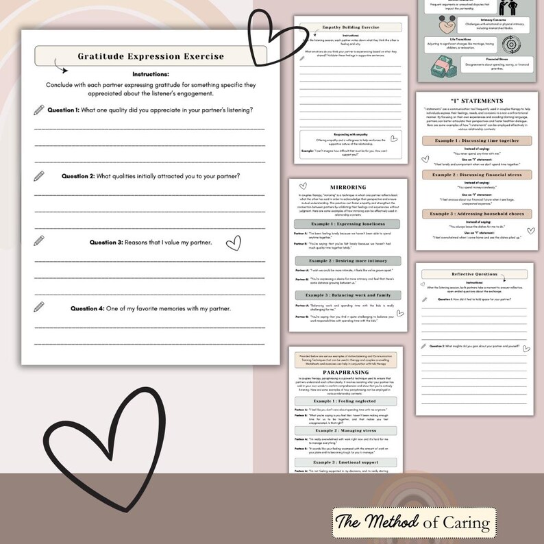 May include: A printable gratitude expression exercise worksheet with four questions to help couples express appreciation for each other. The worksheet includes instructions and examples of communication techniques like mirroring, paraphrasing, and "I" statements.