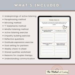 May include: A printable worksheet titled "Weekly Check-In" with four sections for couples to reflect on their relationship. The sections are "How my partner showed their appreciation for me", "Our weekly wins as a couple", "Challenges this week as a couple", and "Support I need from my partner for next week".