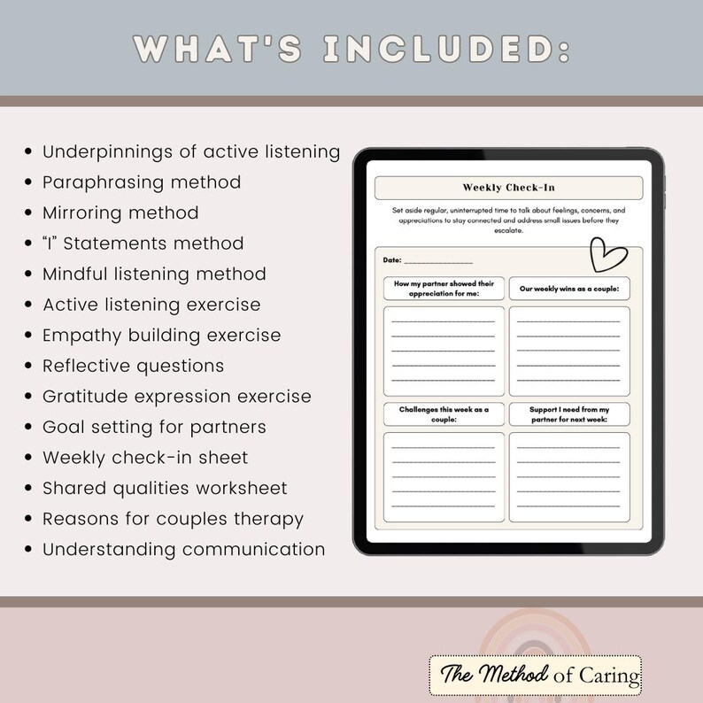 May include: A printable worksheet titled "Weekly Check-In" with four sections for couples to reflect on their relationship. The sections are "How my partner showed their appreciation for me", "Our weekly wins as a couple", "Challenges this week as a couple", and "Support I need from my partner for next week".
