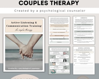 May include: A digital download for couples therapy. The cover features a couple holding hands with a beach background. The title is "Active Listening and Communication for Couples Therapy" and the subtitle is "Created by a psychological counselor". The document is 14 pages long.