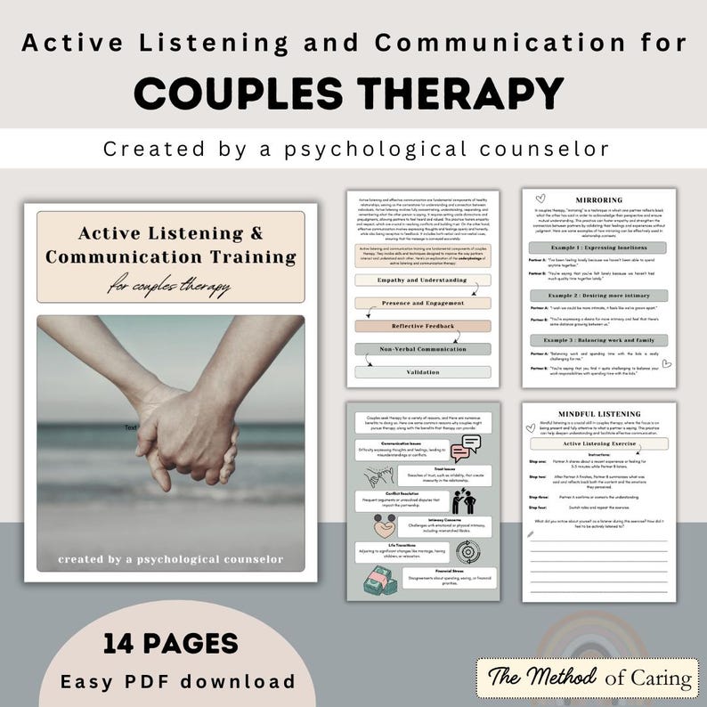 May include: A digital download for couples therapy. The cover features a couple holding hands with a beach background. The title is "Active Listening and Communication for Couples Therapy" and the subtitle is "Created by a psychological counselor". The document is 14 pages long.