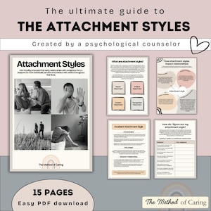 May include: A digital guide to attachment styles, with a pink background and a rainbow graphic. The guide includes information on secure, anxious, avoidant, and disorganized attachment styles. The text "The ultimate guide to THE ATTACHMENT STYLES" is at the top of the page. The text "Created by a psychological counselor" is below the title. The text "The Method of Caring" is at the bottom of the page.