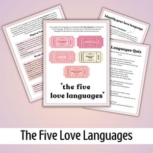 May include: A printable worksheet with the title "The Five Love Languages" and a pink and white illustration of five love language coupons. The coupons are labeled "Physical Touch", "Words of Affirmation", "Acts of Service", "Quality Time", and "Receiving Gifts".