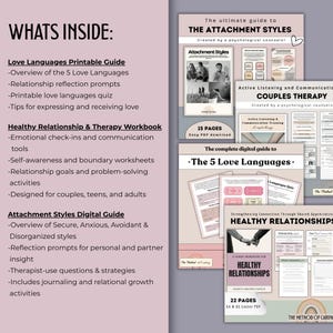 May include: A digital product bundle for couples and individuals focused on healthy relationships. The bundle includes printable guides and workbooks on love languages, attachment styles, and couples therapy. The guides feature colorful illustrations and text such as "The 5 Love Languages", "Healthy Relationships", and "Attachment Styles".