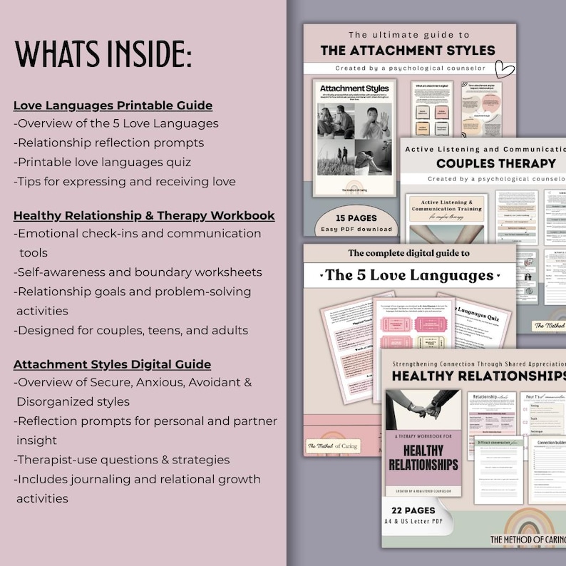 May include: A digital product bundle for couples and individuals focused on healthy relationships. The bundle includes printable guides and workbooks on love languages, attachment styles, and couples therapy. The guides feature colorful illustrations and text such as "The 5 Love Languages", "Healthy Relationships", and "Attachment Styles".