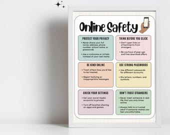 Poster de sécurité en ligne pour enfants et adolescents | Règles de sécurité Internet imprimables | d&#39;art mural numérique de sécurité pour thérapie et SEL | Guide du temps passé devant l&#39;écran