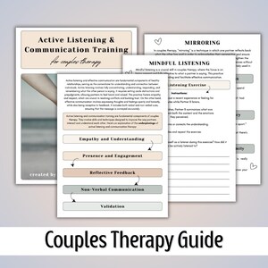 May include: A printable couples therapy guide with a pink and white color scheme. The guide features a title that reads "Couples Therapy Guide" and includes sections on active listening and communication training, mirroring, mindful listening, empathy and understanding, presence and engagement, reflective feedback, non-verbal communication, and validation.