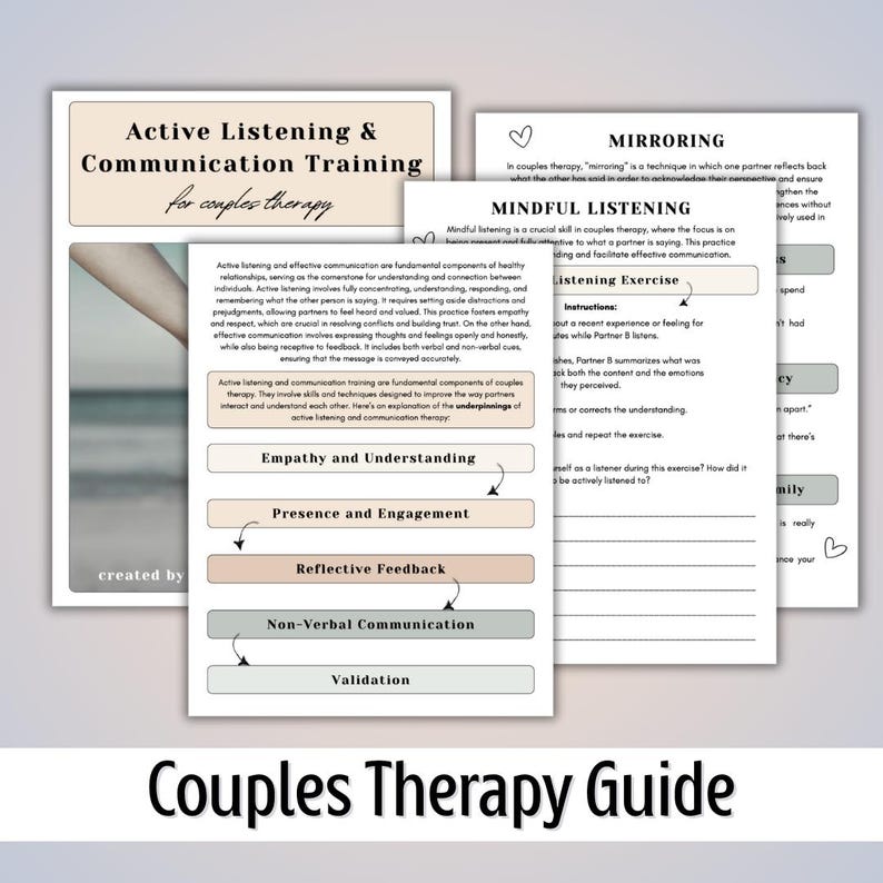 May include: A printable couples therapy guide with a pink and white color scheme. The guide features a title that reads "Couples Therapy Guide" and includes sections on active listening and communication training, mirroring, mindful listening, empathy and understanding, presence and engagement, reflective feedback, non-verbal communication, and validation.