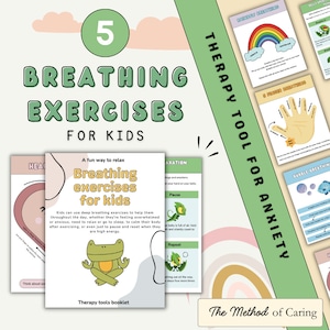 Op de afbeelding: Een set van vijf printbare kaarten met ademhalingsoefeningen voor kinderen. De kaarten bevatten kleurrijke illustraties en instructies voor elke oefening, waaronder regenboog-ademhaling, 5-vinger-ademhaling, bellen-ademhaling en ontspanningsoefeningen. De kaarten maken deel uit van een therapeutisch hulpmiddelboekje voor angst.