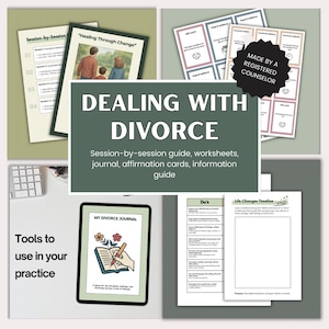 May include: A digital resource kit for dealing with divorce. The kit includes a session-by-session guide, worksheets, a journal, affirmation cards, and information. The kit is made by a registered counselor. The image shows a digital journal, a worksheet, and affirmation cards.