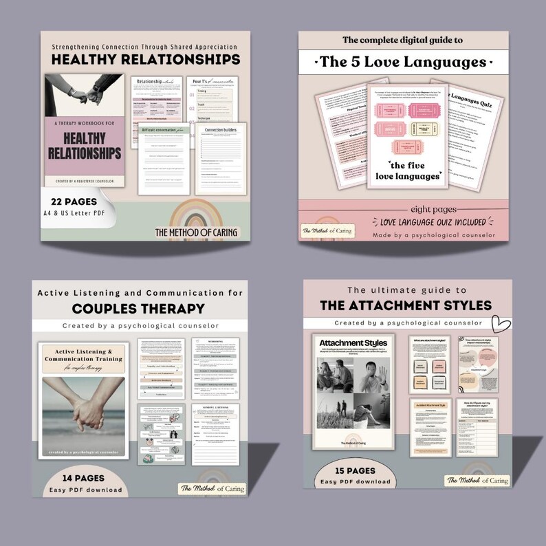 May include: Four digital printable guides for couples therapy. The guides cover healthy relationships, the five love languages, active listening and communication, and attachment styles. Each guide includes a quiz or workbook and is created by a psychological counselor.