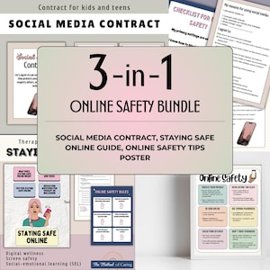 以下が含まれることがあります： 子供と10代の若者向けのオンライン安全対策3点セット。セットには、ソーシャルメディア契約、オンラインガイド、オンライン安全対策のヒントが書かれたポスターが含まれています。画像には、携帯電話を使用している女の子と安全対策のチェックリストが描かれたカラフルなデザインが特徴です。
