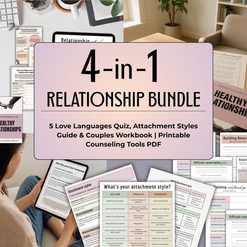Relationship Therapy Bundle | 5 Love Languages Quiz, Attachment Styles Guide & Couples Workbook | Printable Counseling Tools PDF image 1