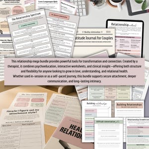 May include: A collection of printable worksheets and journal pages designed to help couples improve their relationships. The worksheets feature titles like "The Relationship Spectrum", "How I Figure Out My Attachment Style", "Building Relationships", and "Relationship Growth Activities".