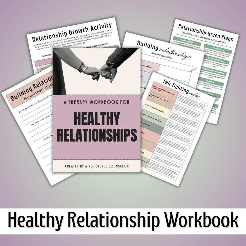 May include: A therapy workbook for healthy relationships with a cover featuring a couple holding hands. The workbook is designed to help couples build stronger, healthier relationships.