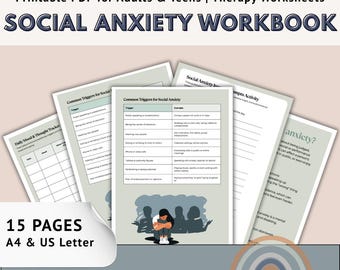 Quaderno di lavoro stampabile sull'ansia sociale / Schede di lavoro CBT per l'ansia, scala di esposizione, abilità di coping / Diario di terapia per adulti e adolescenti / SEL