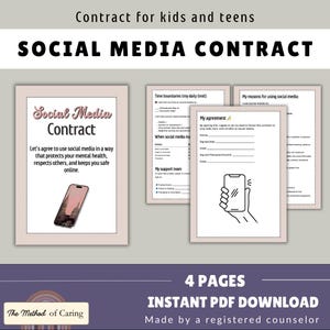 Puede incluir: Un contrato de redes sociales imprimible para niños y adolescentes. El contrato incluye secciones para límites de tiempo, razones para usar las redes sociales y un acuerdo para seguir el contrato. El contrato está hecho por un consejero registrado.