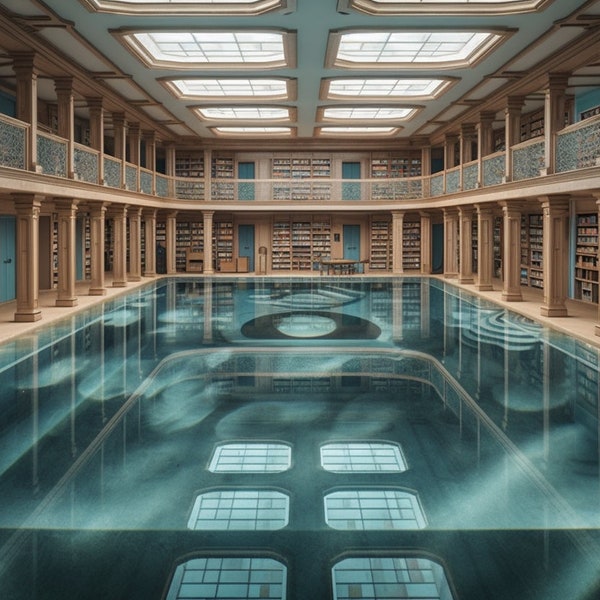 Swimming Pool of Knowledge: Serene Swimming Pool Nestled in a Grand Library- Digital Art, modern Vibe,
