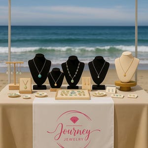 May include: A jewelry display on a beach, featuring necklaces, earrings, and pendants on black and beige busts. The table has a white runner with the "Journey Jewelry" logo. The ocean and sky are visible in the background.