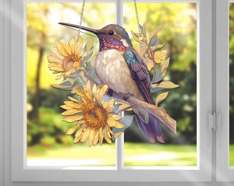 Hummingbird And Sunflower Acrylic Window Hanging, Humming bird Window Hangings, Wall Art Decoration, Hummingbird Lovers Gift, Gift For Dad