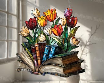 Tulip and Book Acrylic Window Hanging - Vibrant Acrylic Look, Literary-Inspired Handmade Home Decor & Gift