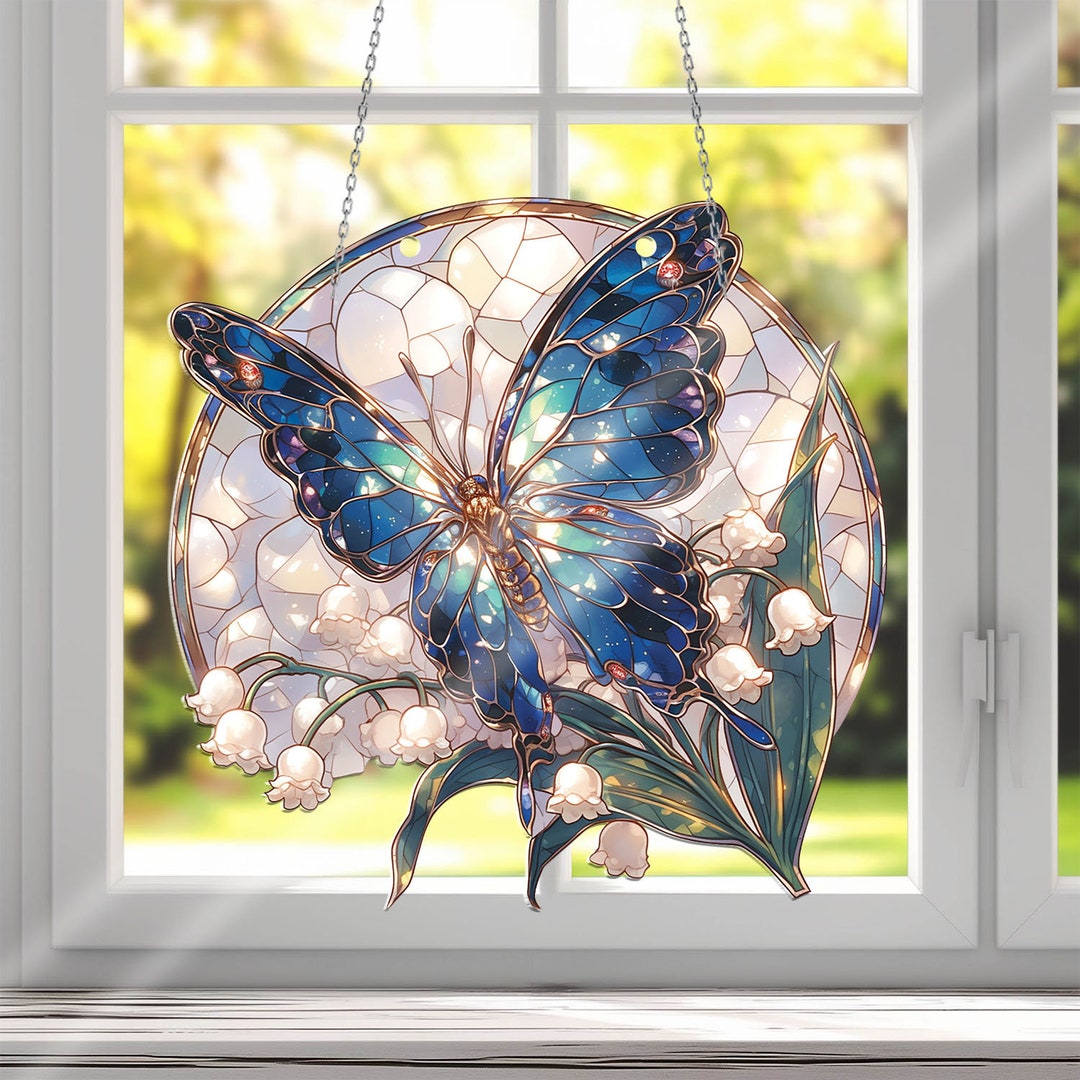 Butterfly and Lily of the Valley Acrylic Window Hanging, Butterfly ...