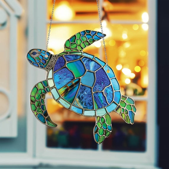 Buntglas-Fensteraufhängung Meeresschildkröte – 20x20 Cm, Handarbeit, Sonnenfänger, Geschenk Für Naturliebhaber