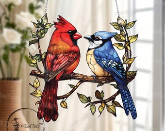 Adorno acrílico para ventana con cardenal y arrendajo azul: Regalo para amantes de las aves