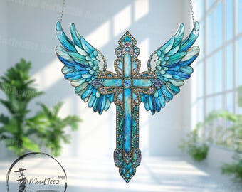 May include: A stained glass cross with angel wings. The cross is blue and green with gold accents. The wings are blue and white.