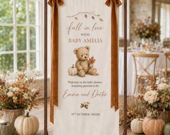 Personalized Teddy Bear Fall Baby Shower Banner, Autumn Welcome Decor, Pumpkin Baby Shower Tapestry