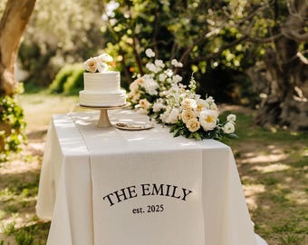 Personalized Wedding Table Sign: Linen Fabric, Custom Last Name & Date