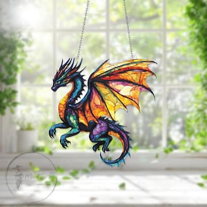 Fantasy Dragon Faux Stained Window Hanging – Colorful Mythical Creature Suncatcher, Gothic Fantasy Decor, DnD Gift for Dragon Lovers