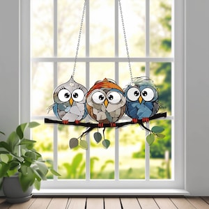 Owl Family Acrylic Window Hanging, Owl bird Decor, Wall Art Decoration, Gift For Owl Lovers, Room Decor, Gift For Grandma, Family Gift Decor