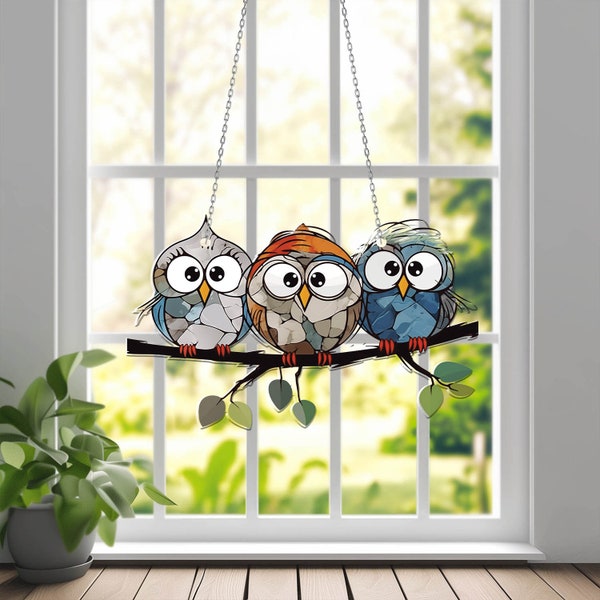 Colgante de ventana acrílico de familia de búhos: decoración de aves, regalo familiar