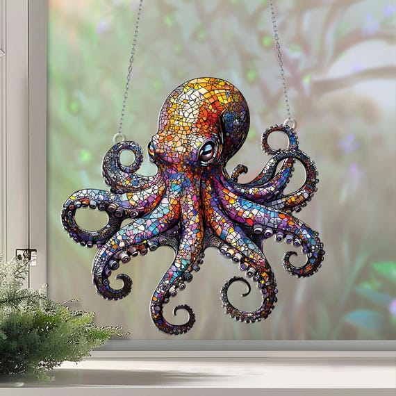 Octopus Window Hanging: Faux Stained Glass Acrylic Ornament - Etsy