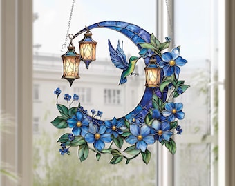 Hummingbird & Forget-Me-Not Acrylic Window Hanging: Nature Lover Gift