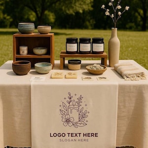 Custom Linen Table Runner with Logo, Personalized Business Branding Cloth, Vendor Market Display Decor, Trade Show Table Cover