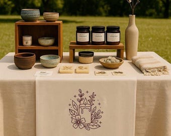 Custom Logo Table Runner for Craft Fairs | Natural Linen Business Banner for Market Booths | Personalized Pop Up Shop Decor